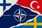 NATO, Turkey, Sweden and Finland flag ripped paper grunge background. Abstract NATO membership, politics conflicts, war concept