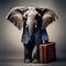 A nattily dressed elephant in a pinstripe suit, carrying a tiny suitcase in its trunk5