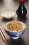 Natto, Japanese Fermented Soybeans, Over Rice with Soy Sauce and Mustard