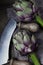 Natural artichokes on a rustic wooden table close up