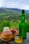 Natural Asturian cider smoked cheese and view Picos de Europa mountains on background