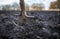 Natural background with old rusty shovel stands stuck in the black earth on the vegetable garden in the autumn garden