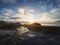 Natural blue lagoon, natural bath geothermal spa in Iceland at sunset