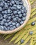 Natural blueberries in a bowl and fern leaf on a wooden background
