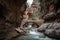 natural bridge of rock and stone in canyon, with rushing stream below