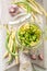 Natural canned green and yellow beans in the jar