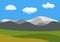 Natural cartoon landscape in the flat style with blue sky, clouds, hills and mountains