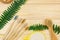 Natural cleaning bamboo, coconut dish brushes on wooden table. Eco friendly with No plastic kitchen and home cleaning. Top view,