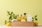 Natural cleaning products in a wooden box on pastel background