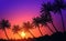 Natural Coconut trees. Mountains horizon hills. Silhouettes of palm trees and hills. Sunrise and sunset. Landscape wallpaper.