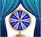 Natural color image of Curtain, open curtains Blue color along with Colorful roulette wheel. Chance of victory. Fortune