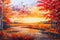 Natural colorful panoramic oil painted landscape. Seasonal september autumnal scene, migration birds, red forest, river. Print