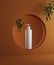 Natural cosmetic minimal stage for product presentation. Cosmetic jar podium and green leaf on monochrome background. 3d