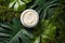 Natural Cosmetics Artfully Arranged Among Lush Leaves In Topdown View