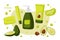 Natural cosmetics with avocado. Whole and sliced ripe avocado fruit, cream or scrub, shampoo or lotion jar and tubes