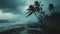 A natural disaster. A raging ocean with palm trees in the wind in the foreground. The sky is dark and cloudy. The scene is ominous