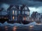 Natural Disasters, hurricane, view of sea front houses being battered by huge waves, created with Generative AI technology