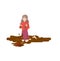 Natural disasters, severe weather unfavorable environmental conditions. Girl stumbled and fell into a puddle of muddy cartoon