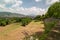 Natural display of arid fields and a distant cityscape of Bergamo