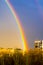 Natural double rainbow over green trees, summer city landscape