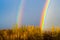 Natural double rainbow over green trees, summer city landscape