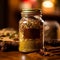 Natural dried herbs and spices in a glass jar. Star anise, cinnamon sticks, on a wooden table. Still life, bokeh effect