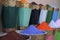 Natural dyes, colorful and vibrant pigment powders in wooden pots