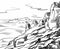 Natural engraving sketch of mountains with fields. Landscapes of stones and rocks. Rock climbing and active tourism. Vector ink