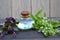 Natural essential oil of purple and green basil in bottles on rustic table. Essential fragrance aromatherapy. Fresh basil herb
