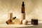 Natural essential oil or serum in brown glass bottles on a wooden podiums. Alternative medicine, beauty skin care product. Neutral