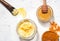 Natural face mask with turmeric powder, honey, and yogurt. Natural cosmetics on a white background