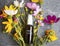 Natural face toner rose water bottle and flower, organic skincare