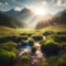 a natural field, mountain spring, sunlight, clear sunny weather, clouds in the sky