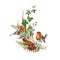 Natural forest floral decoration with robin birds. Watercolor illustration. Cute cozy decor element with horn, fern, ivy