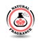 Natural fragrance vector stamp with orchid flower in perfume bottle. Round icon for natural organic cosmetics packaging