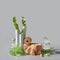 Natural Green laboratory. Brick podium, space for product. Abstract floral arrangement. Reflections of leaves distorted