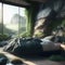 Natural Green Rocky Style Realistic Bedroom Spa Rock Stone Mossy Wall Big Windows Bright Sun Light Relaxing Cozy Mood Generative