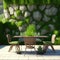 Natural Green Rocky Style Realistic Garden Table With Chairs Rock Mossy Wall Bright Sun Light Relaxing Cozy Mood Generative Ai