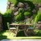 Natural Green Rocky Style Realistic Garden Table With Chairs Rock Mossy Wall Bright Sun Light Relaxing Cozy Mood Generative Ai