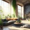 Natural Green Rocky Style Realistic Living Room Spa Rock Stone Mossy Wall Big Windows Bright Sun Light Relaxing Cozy Mood