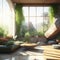 Natural Green Rocky Style Realistic Living Room Spa Rock Stone Mossy Wall Big Windows Bright Sun Light Relaxing Cozy Mood