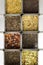 Natural herbal fruit tea in metal jars, closeup food photo