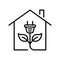 Natural Home with Green Energy Line Icon. Eco House with Leaf and Plug Pictogram. Ecology Real Estate Building Outline