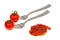 Natural homemade ketchup, tomato, fork on white background