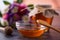 Natural honey. Honey in glass jar and dipper background