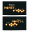 Natural honey. Honeycomb, swarm bees. Business cards, emblem, label. Linear bee logo, honeycomb