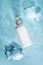 Natural Hypoallergenic Foam for bathing children. White Plastic pump bottle. children's cosmetics. Bottles underwater