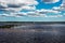 Natural lake under a cloudy sky with a large flock of seagulls