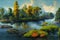 The natural landscape on the Amazon River. Environment. Cartoon style. Advertising for books, illustrations and cartoons