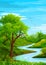 Natural landscape with blue sky, clouds, green hills, trees, pine forest in silhouette and a fresh river. Digital art.